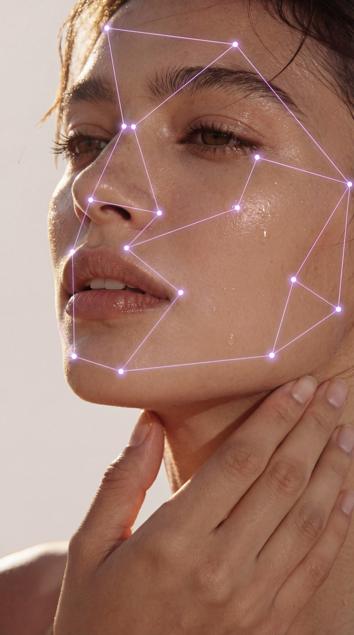 Portrait with the SkanMySkin AI face-mapping overlay